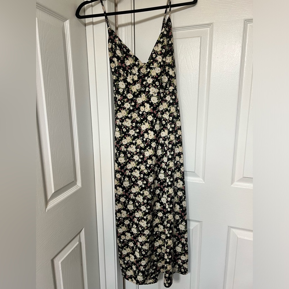 Black Floral Spaghetti Strap Dress with Slit